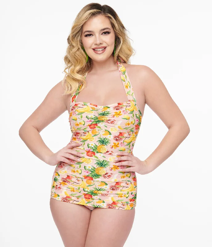 Esther Williams 1950s Light Pink & Fruit Print One Piece Swimsuit