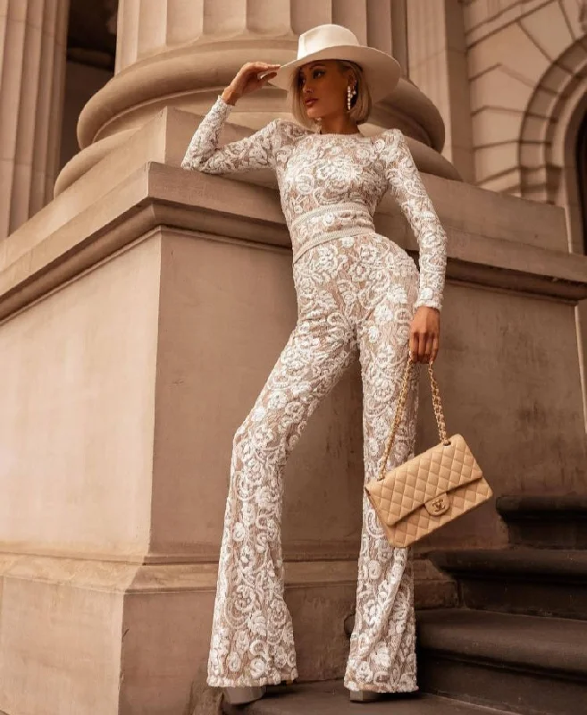 Pattern Lace Long Sleeve Jumpsuit