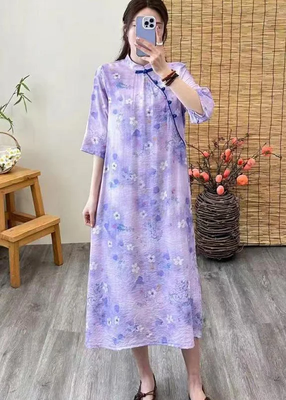 Chinese Style Purple Print Button Patchwork Linen Dresses Summer