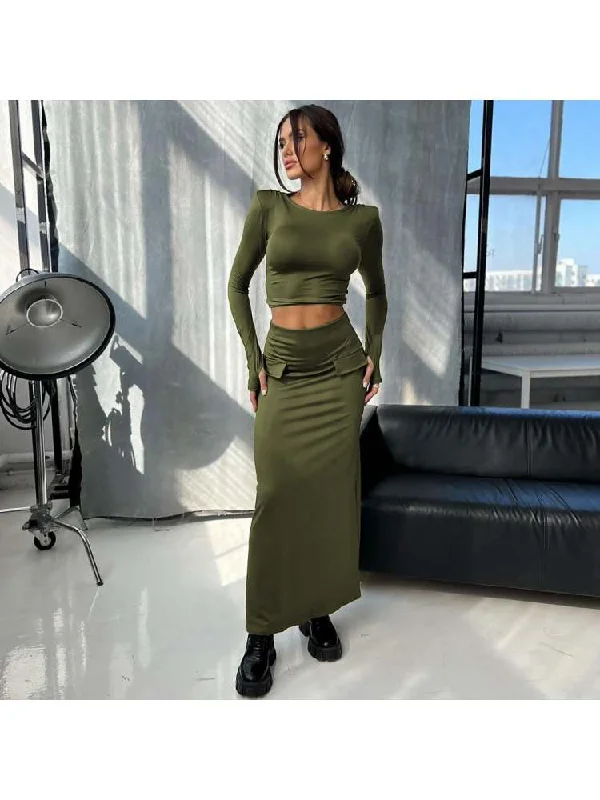 Solid Color Cropped Long Sleeve Skirt Sets