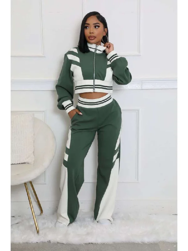 Colorblock Striped Trim Zipper Pant Sets