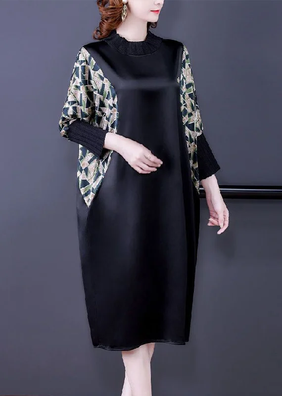 Black Print Pockets Patchwork Silk Dresses Fall