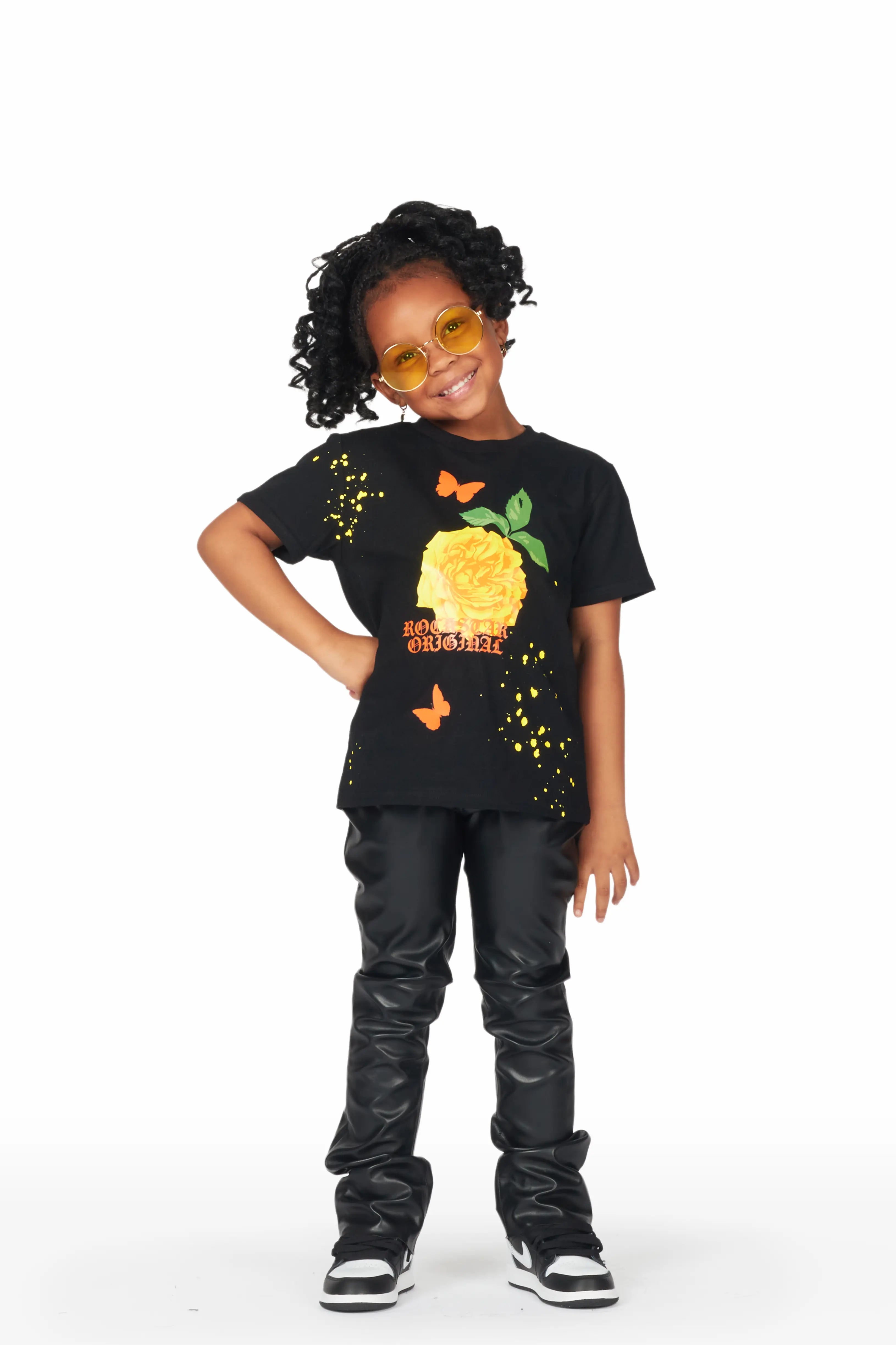 Girls Galia Black T-Shirt/Super Stacked Flare PU Jean Set