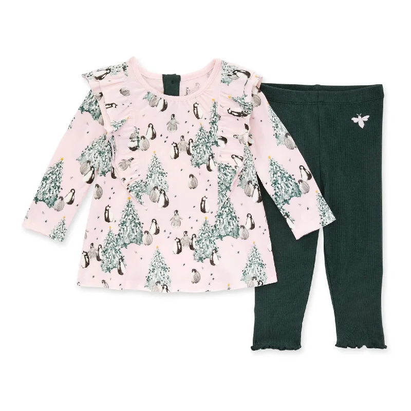 Organic Cotton Tunic & Ribbed Legging Set - Evergreen Penguins - Zucchini