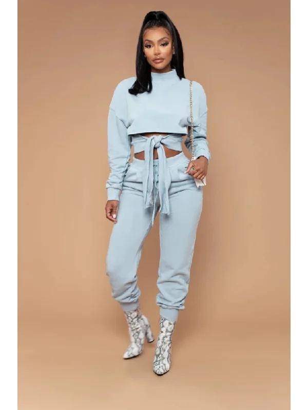 Solid Mock Neck Lace Up Cropped Pant Sets