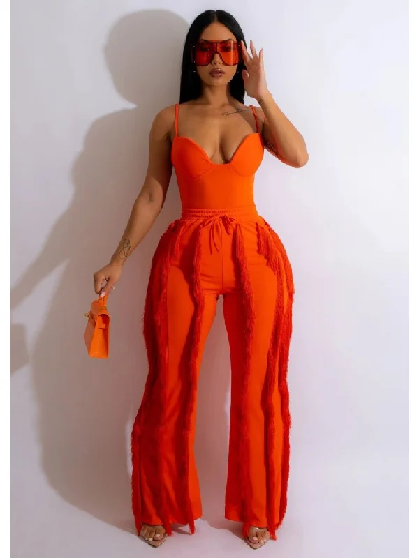 Tassels Spaghetti Straps  2 Piece Trouser Sets For Women