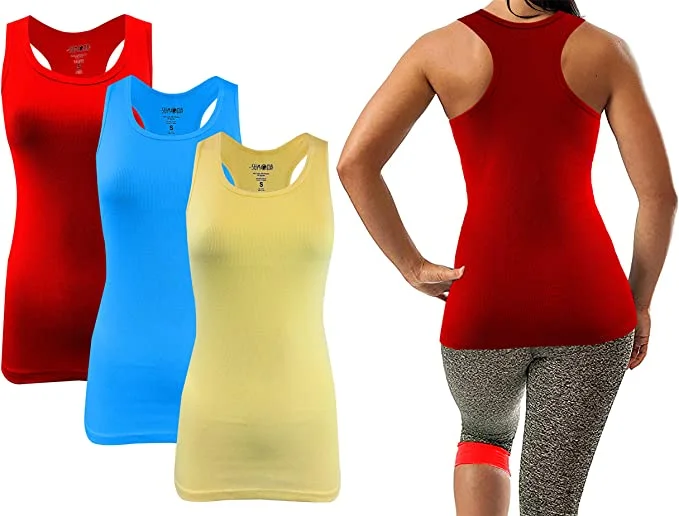 Sumona Ribbed Sleeveless Racerback Tank Tops | Light Blue/Yellow/Red - 3 Pack