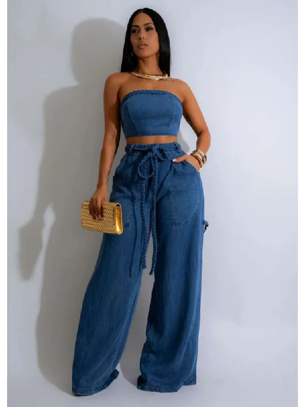 Denim Smocking Tube Wide Leg Pant Sets