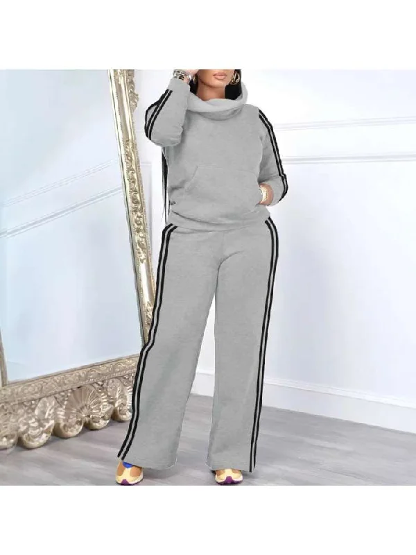 Striped Trim Highneck Sweatshirt Pant Sets