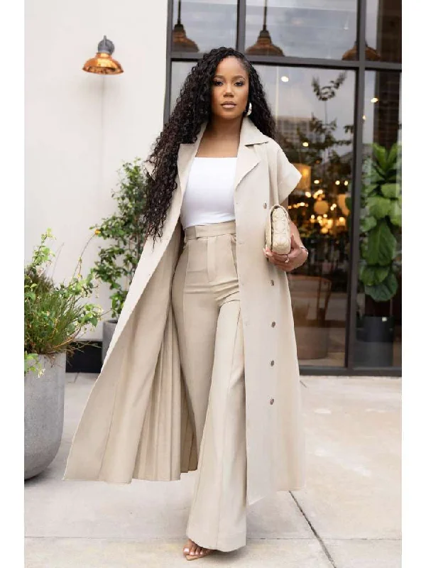 Lapel Buckle Long Coat Pleated Pant Sets