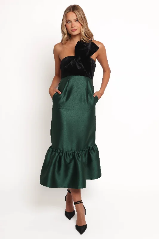 Amelie Bow Front One Shoulder Midi Dress - Black/Emerald