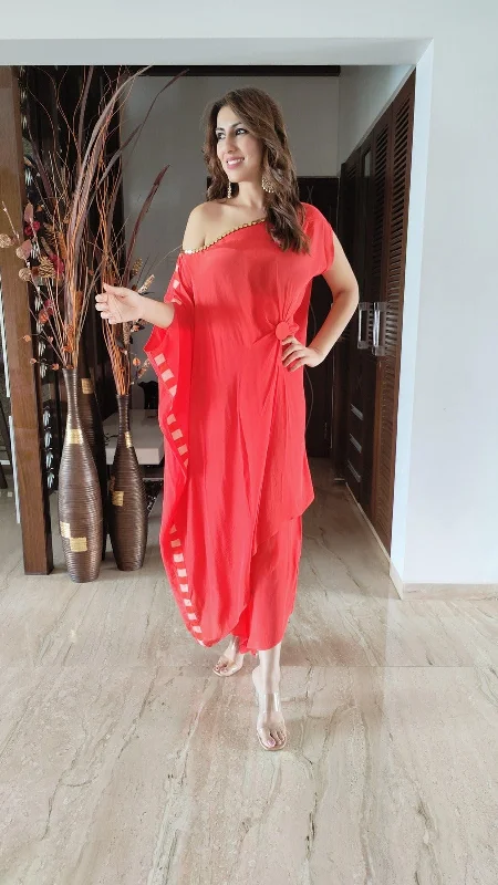 Red One Shoulder Dress With Pant For Women - Coords