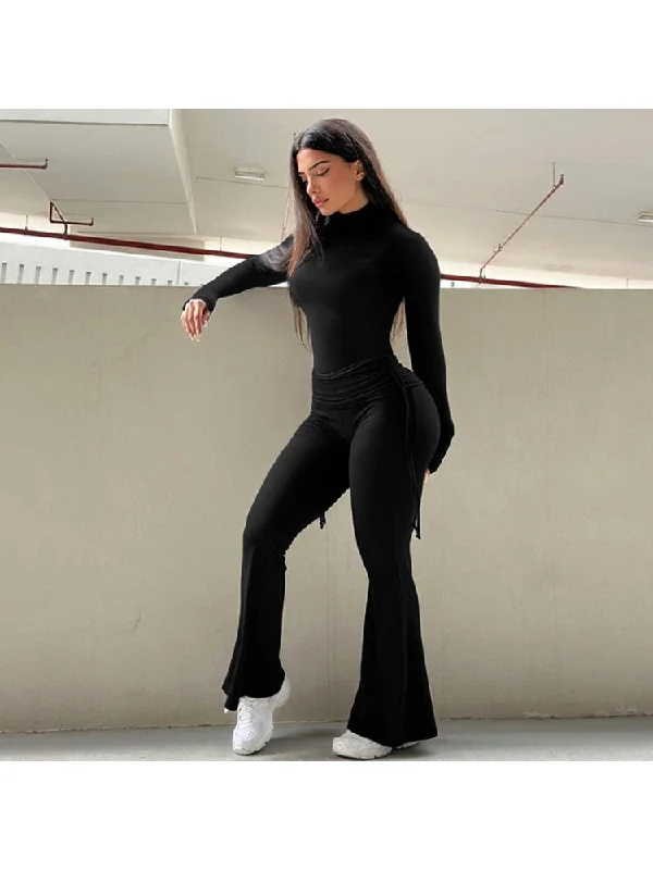 Pure Color Drawstring Ruched Long Sleeve Pant Sets