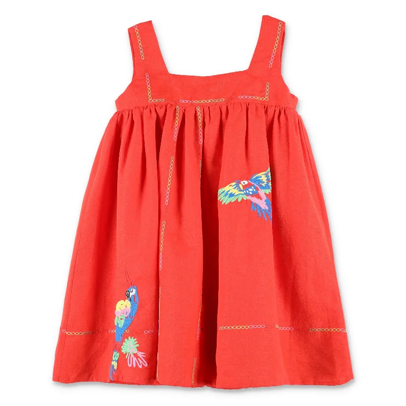 Red Sleeveless Linen Parrots Dress