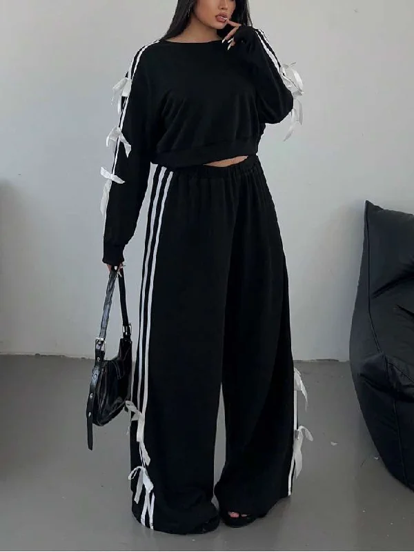 Bow Striped Trim Loose Sweatpants Set