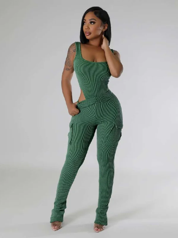 Fitted Bodysuits Cargo Pocket Pant Sets