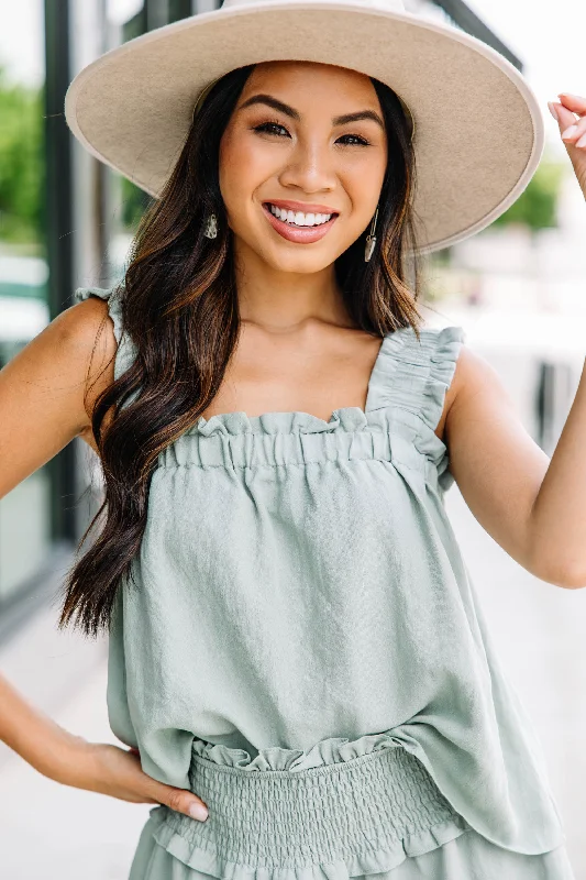 Keep You Around Dusty Sage Green Ruffled Tank