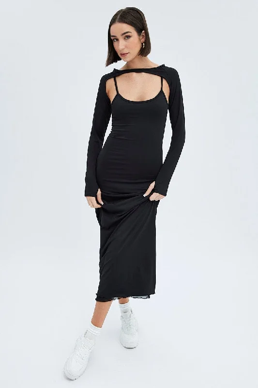 Black Shrug & Dress Set Long Sleeve Maxi Bodycon Jersey