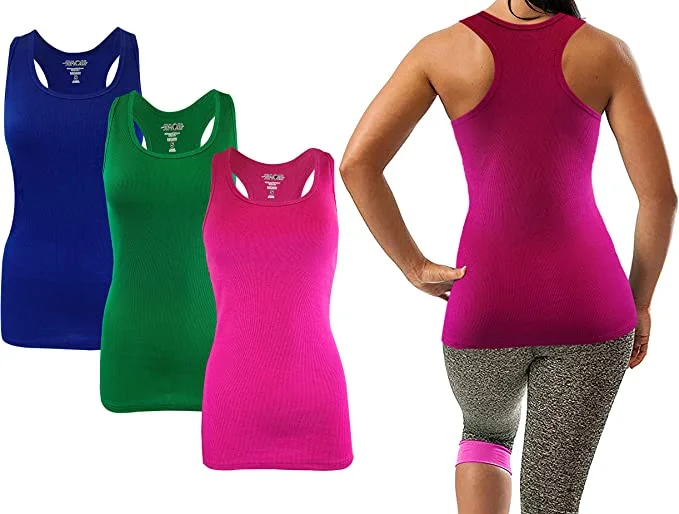 Sumona Ribbed Sleeveless Racerback Fuchsia/Green/Royal Blue Tank Tops (3 Pack )