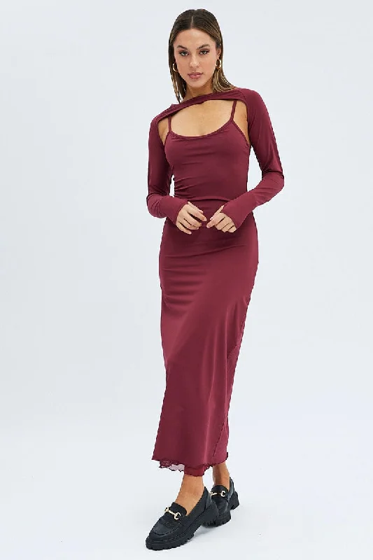 Red Shrug & Dress Set Long Sleeve Maxi Bodycon Jersey