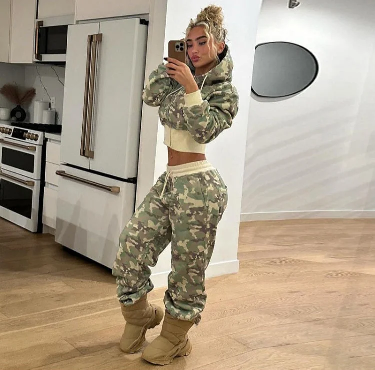 Camouflage Print Zipper Hooded Pant Sets