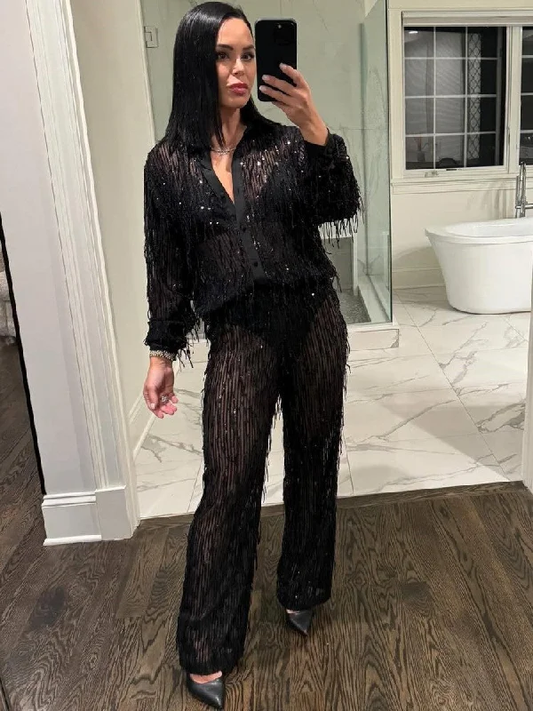 Tassel See Through Blouses Trouser Sets