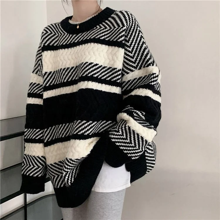 Striped Sweater For Women Loose Pullover Lazy Outer Wear Slimming Knitted Top Early Autumn