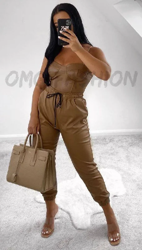 Faux Leather Look Joggers In Camel