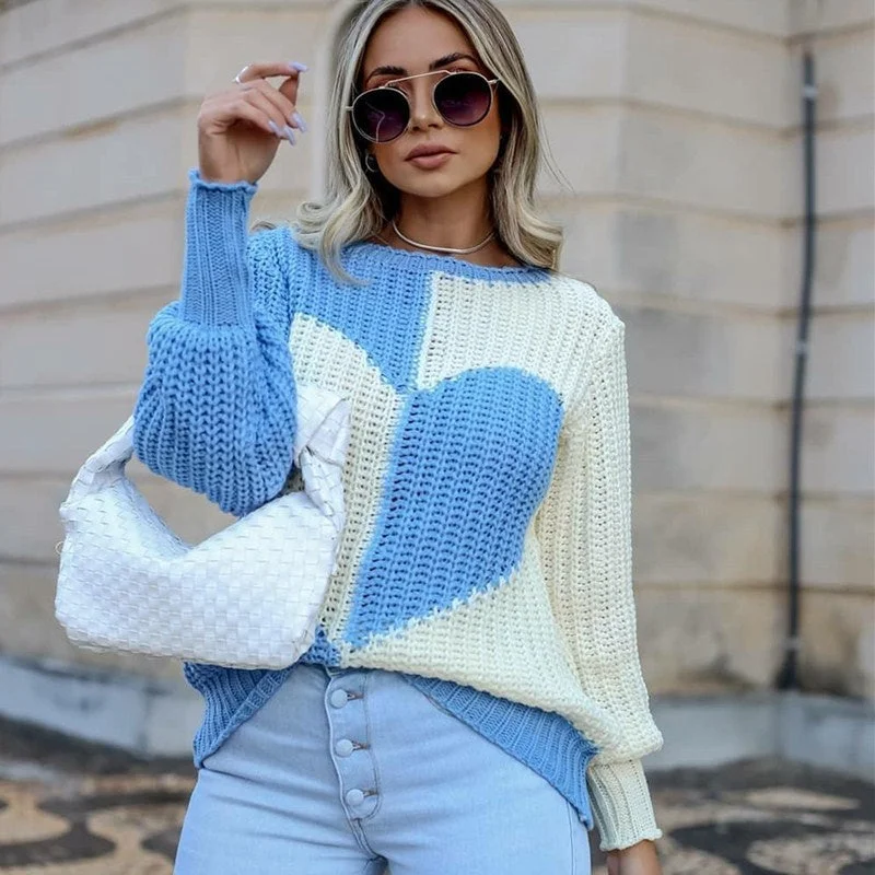 Autumn And Winter New Round Neck Irregular Pullover Base Women's Elegant Bell Sleeve Love Contrast Color Knitted Sweater