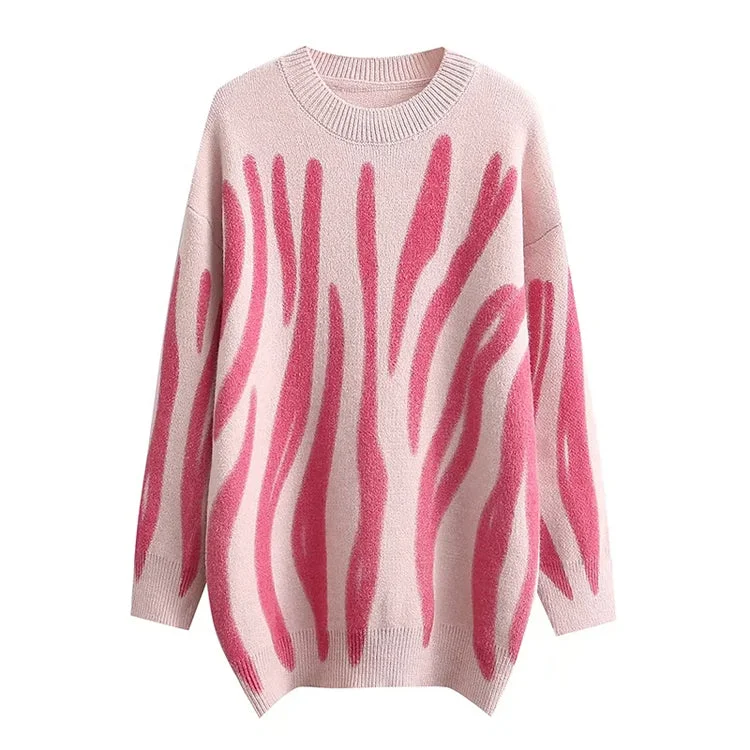 Lazy style retro irregular stripe crew neck loose long sleeve sweater  7359