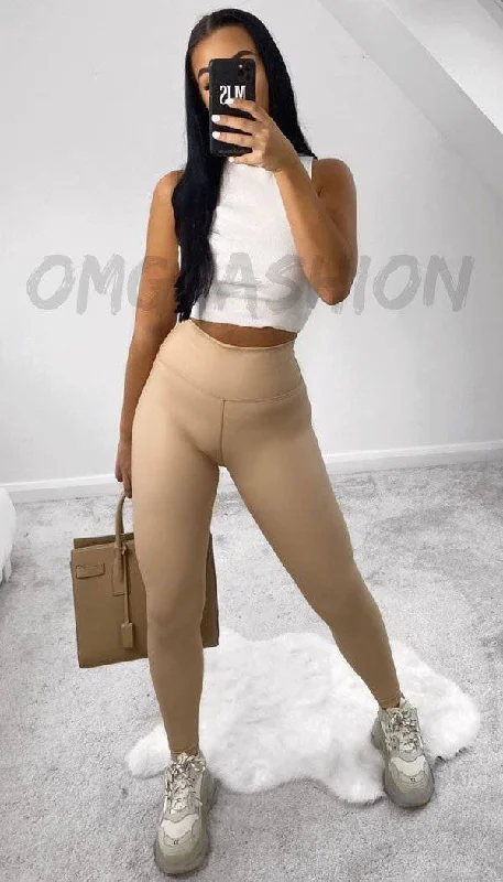 High Waisted Faux Leather Leggings In Beige