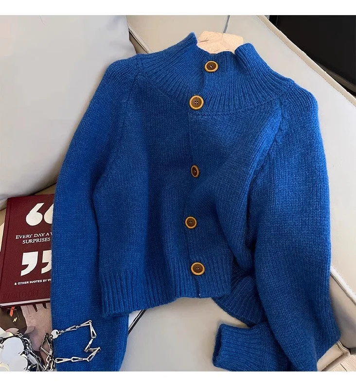 Blue Sweater Jacket Women's Fashionable Short Knitted Cardigan    S4833