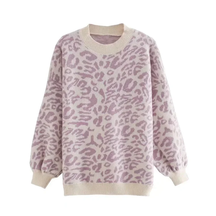 Loose Pullover lazy long sleeve leopard jacquard sweater  7464