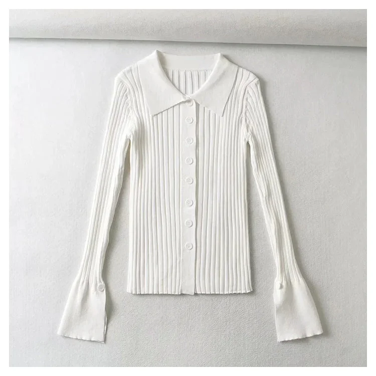 Single breasted flare sleeve pit stripe solid color sweater  7384