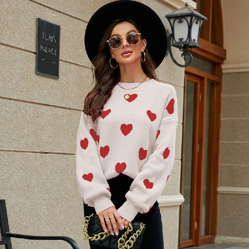 Casual Valentine'S Day Heart Print Long Sleeve Pullover Knit Sweater Wholesale Womens Tops