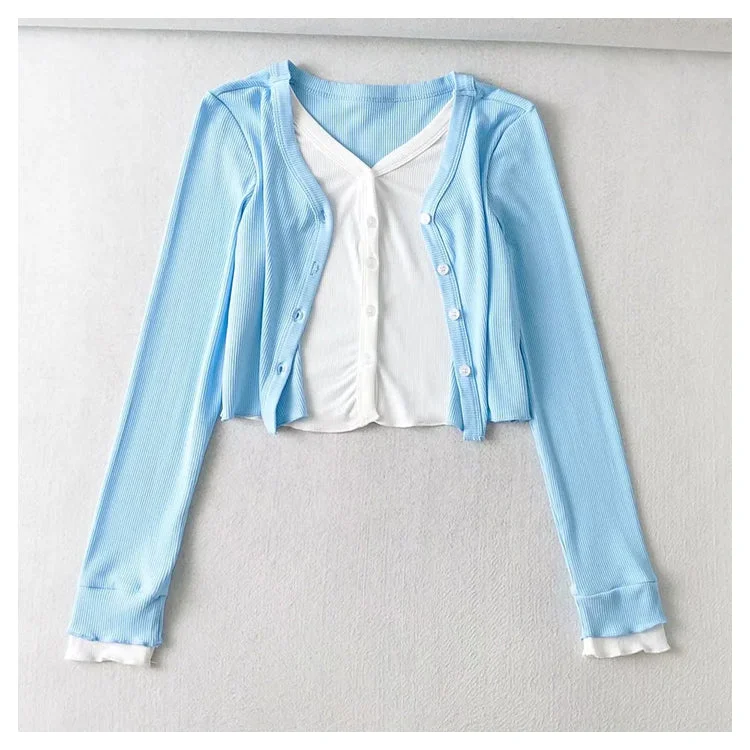 V-neck stretch slim short knit cardigan  7387