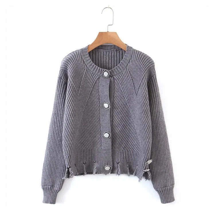 Irregular button round neck long sleeve knitted cardigan sweater  7358