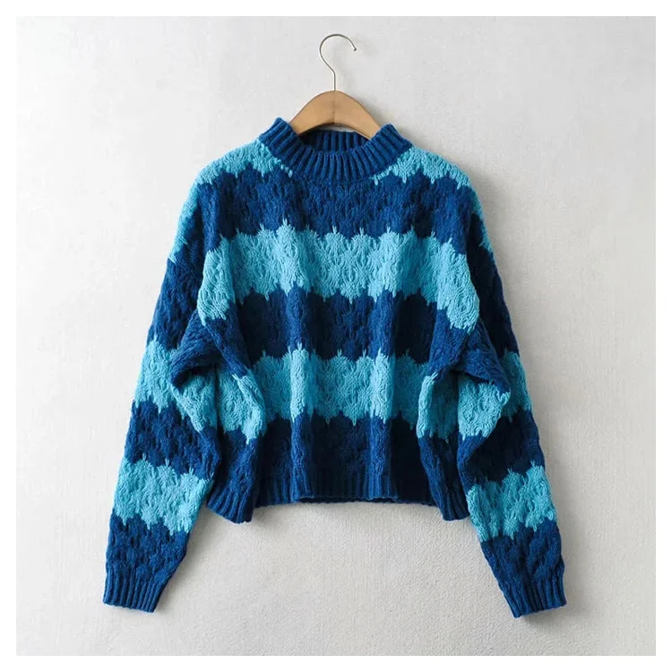 Thick needle jacquard stripe round neck Pullover knitted sweater  7399