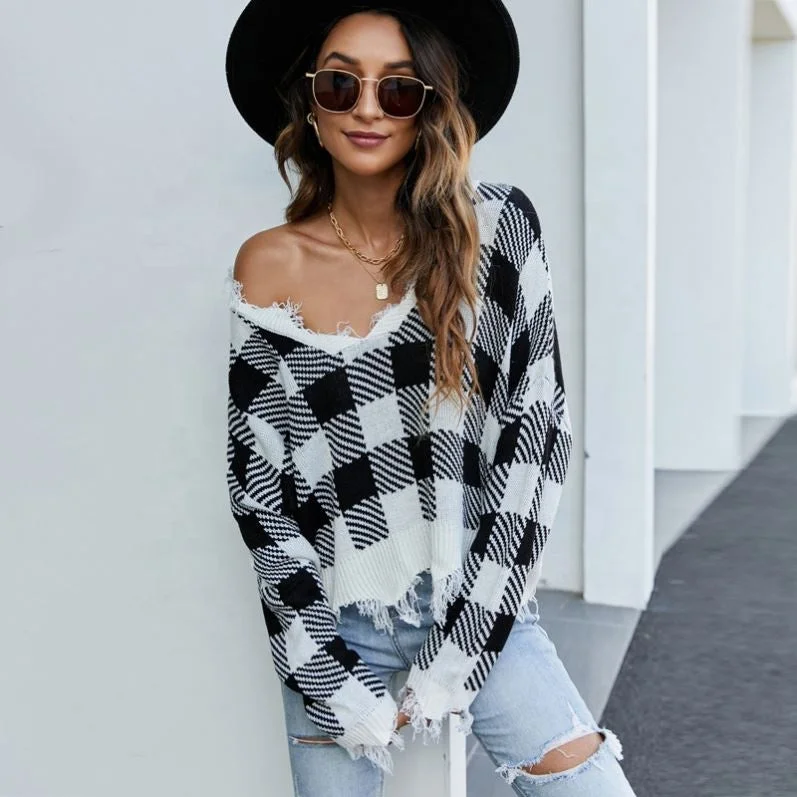 Hot 2022 Sexy Off-The-Shoulder V-Neck Knitted Top Ripped Plaid Loose Sweater