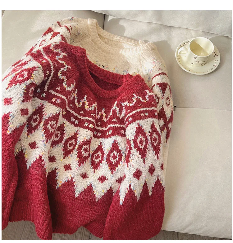 Christmas Jacquard Sweater Women's Round Neck Knitted Top     S4847