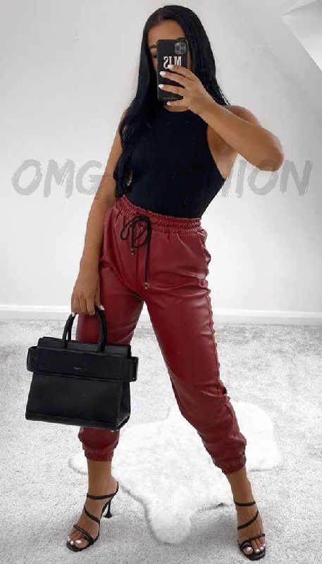 Faux Leather Look Joggers In Wine