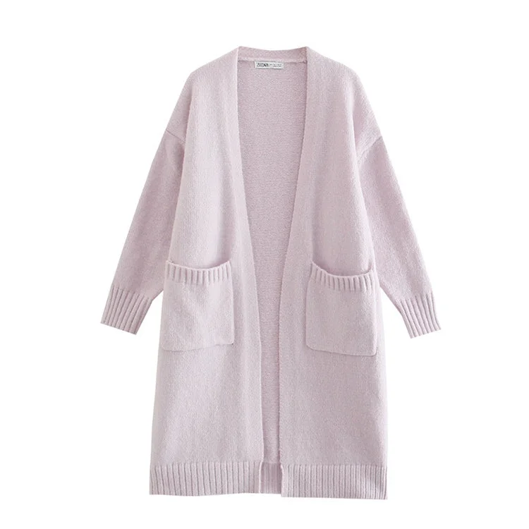 Lazy wind wide elastic pocket long knitted coat cardigan  7469