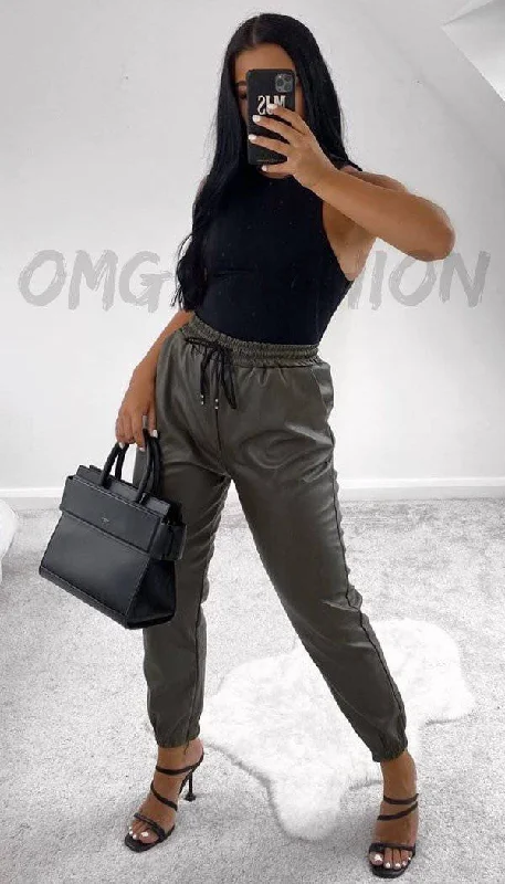 Faux Leather Look Joggers In Khaki