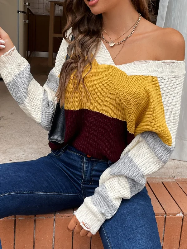 Casual Striped Rib-Knit Long Sleeve V Neck Regular Women Sweater