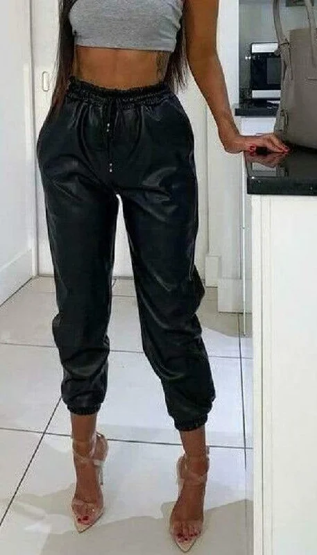 Leather Look Joggers In Black