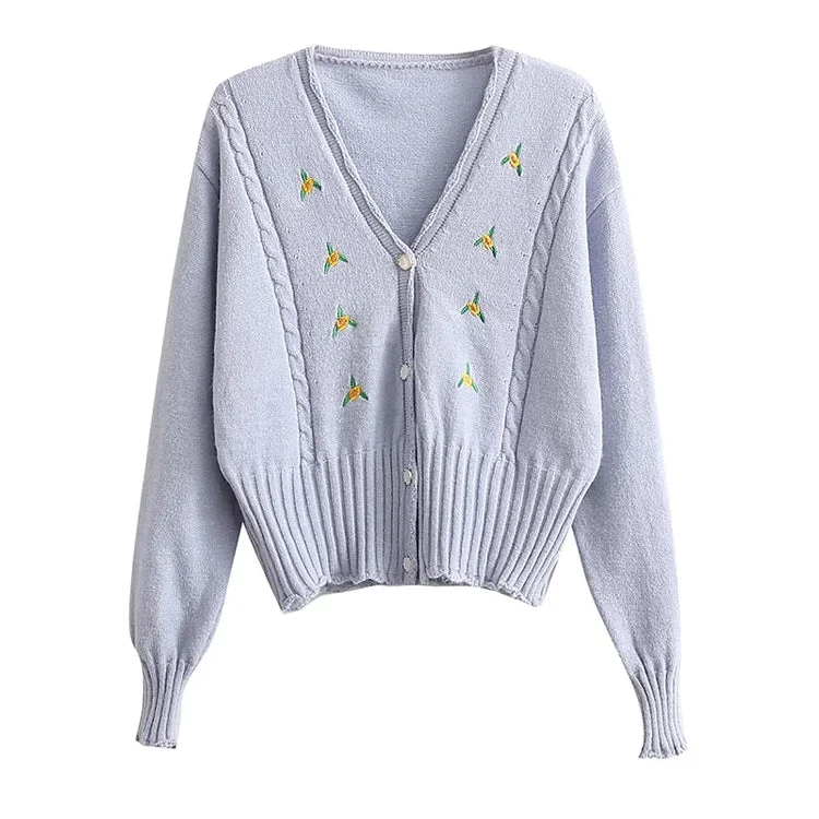 Embroidered V-neck button long sleeve short knit cardigan coat  7402