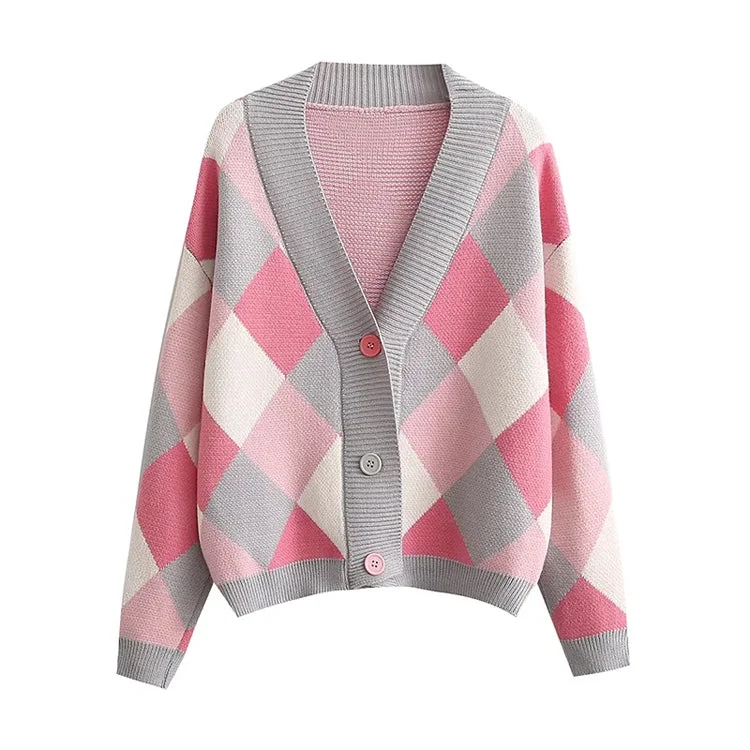 Diamond check V-neck button loose casual knitted cardigan sweater  7360