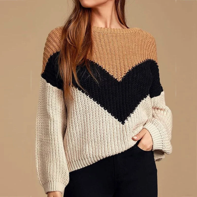 New Sweater Striped Irregular Crew Neck V Pullover Fashion Bottoming Knitted Women