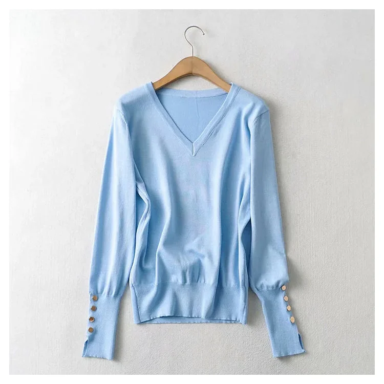 New simple and versatile solid V-Neck long sleeved sweater  7369